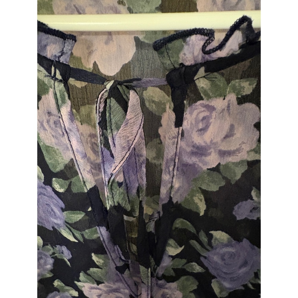 American Eagle Floral Sheer Ruffle Blouse Purple Navy Tie Front Top Medium - Picture 3 of 6